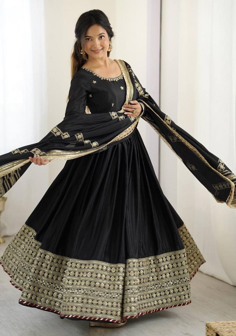 Black Thread With Sequence Work Silk Anarkali Set - Indya