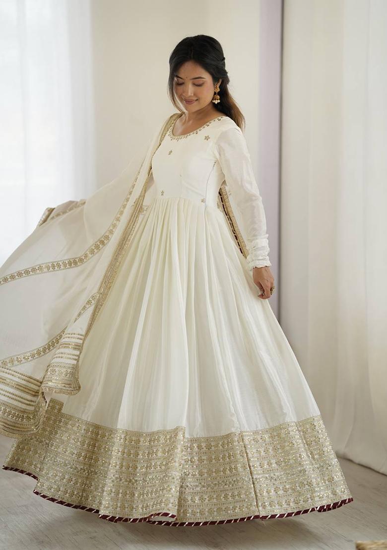 Ivory Thread With Sequence Work Silk Anarkali Set - Indya