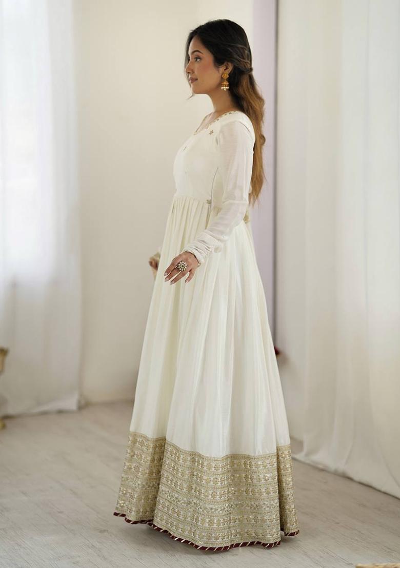 Ivory Thread With Sequence Work Silk Anarkali Set - Indya