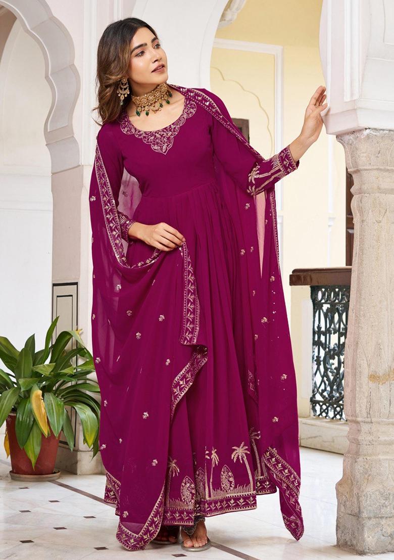 Wine Thread With Sequence Work Georgette Anarkali Set - Indya