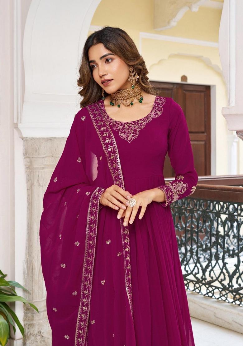 Wine Thread With Sequence Work Georgette Anarkali Set - Indya