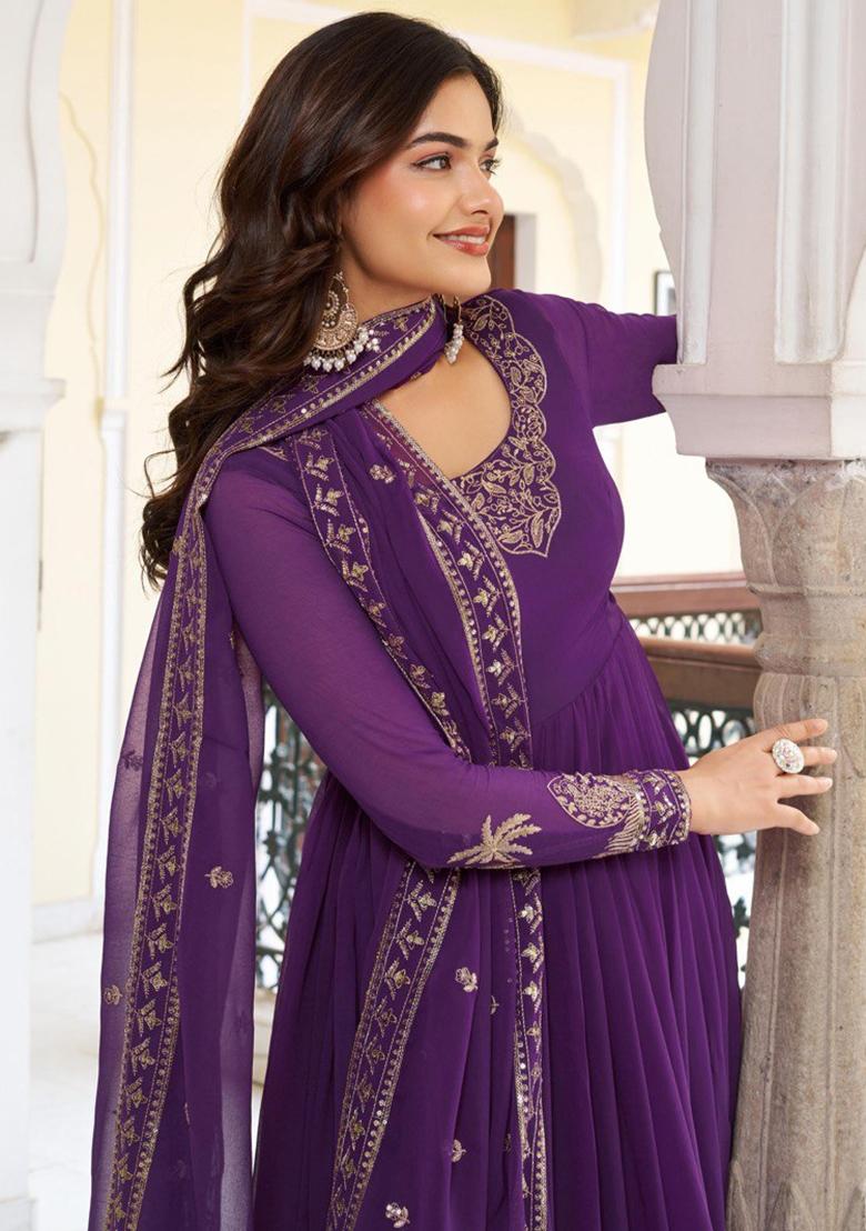 Purple Thread With Sequence Work Georgette Anarkali Set - Indya
