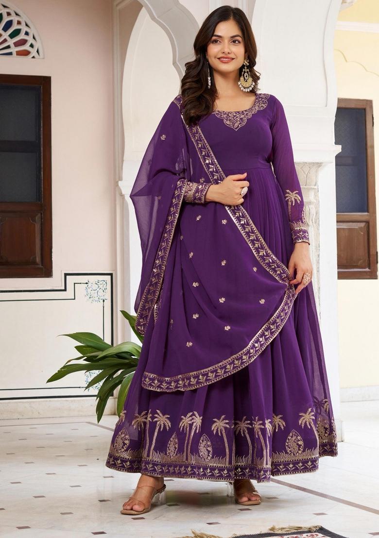 Purple Thread With Sequence Work Georgette Anarkali Set - Indya