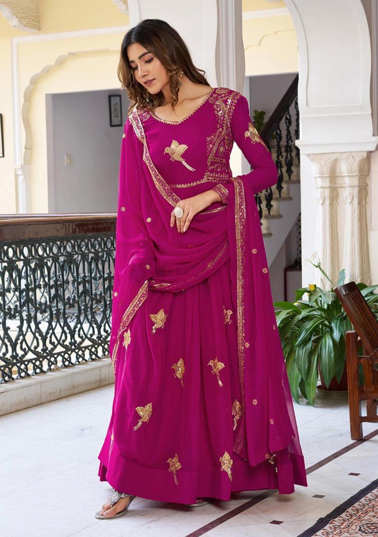 Rani Pink Thread With Sequence Work Georgette Anarkali Set - Indya