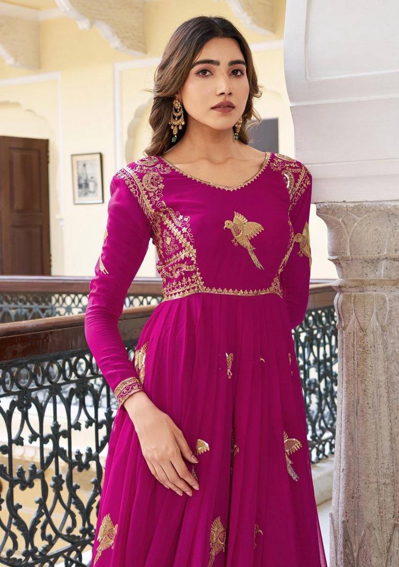 Rani Pink Thread With Sequence Work Georgette Anarkali Set - Indya