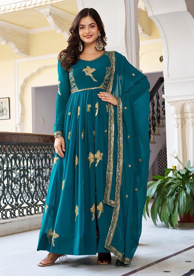 Tealgreen Thread With Sequence Work Georgette Anarkali Set - Indya