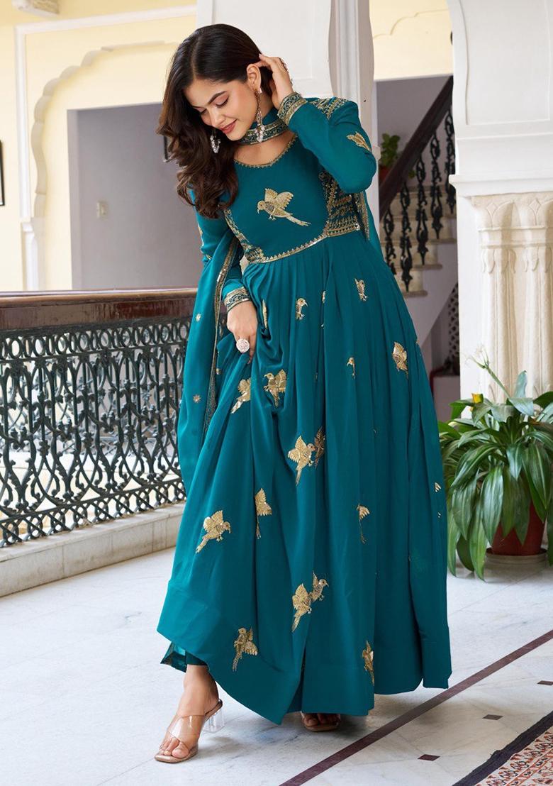 Tealgreen Thread With Sequence Work Georgette Anarkali Set - Indya
