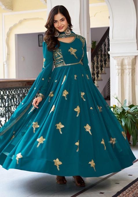Tealgreen Thread With Sequence Work Georgette Anarkali Set