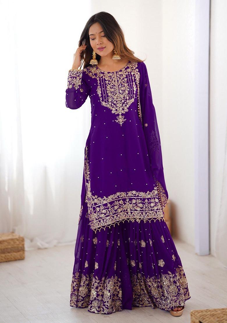Purple Embroidery Georgette Sharara Dress - Indya