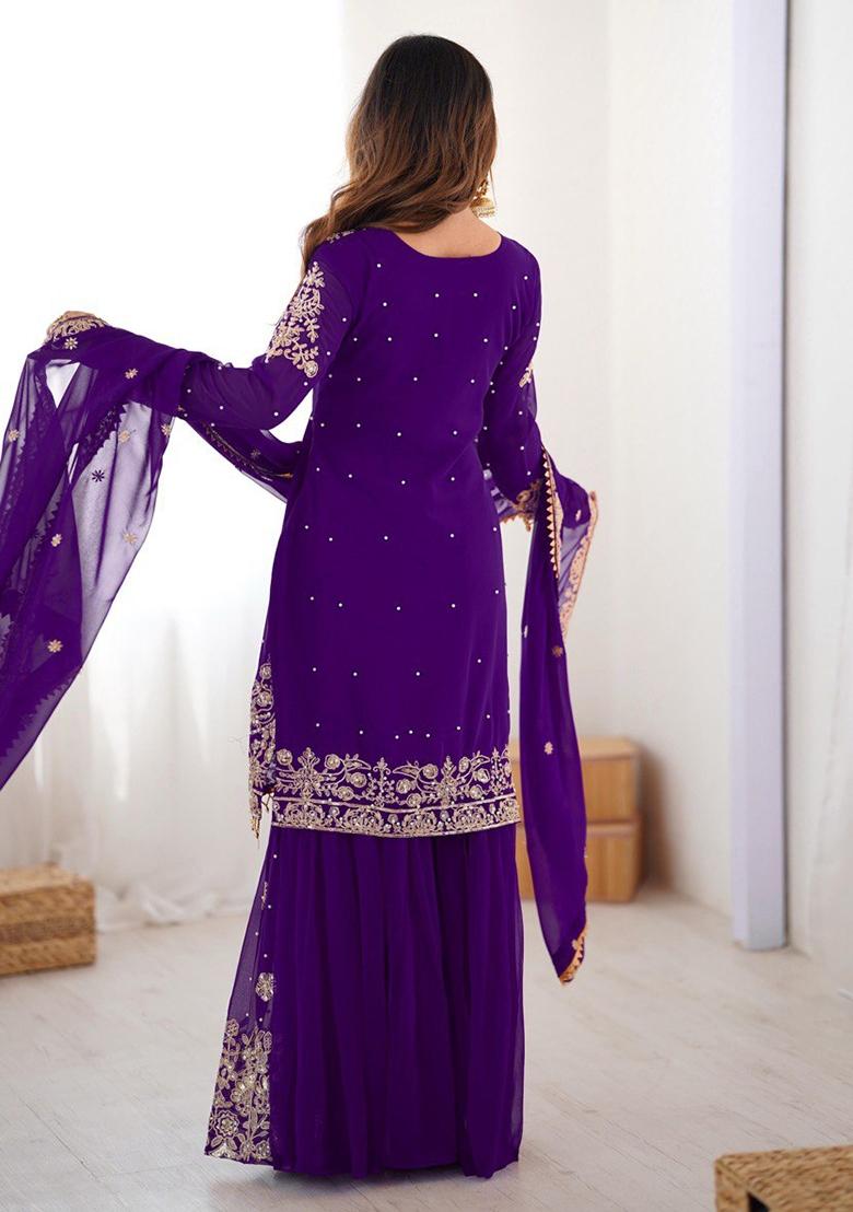 Purple Embroidery Georgette Sharara Dress - Indya
