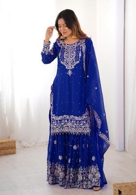 Royal Blue Embroidery Georgette Sharara Dress