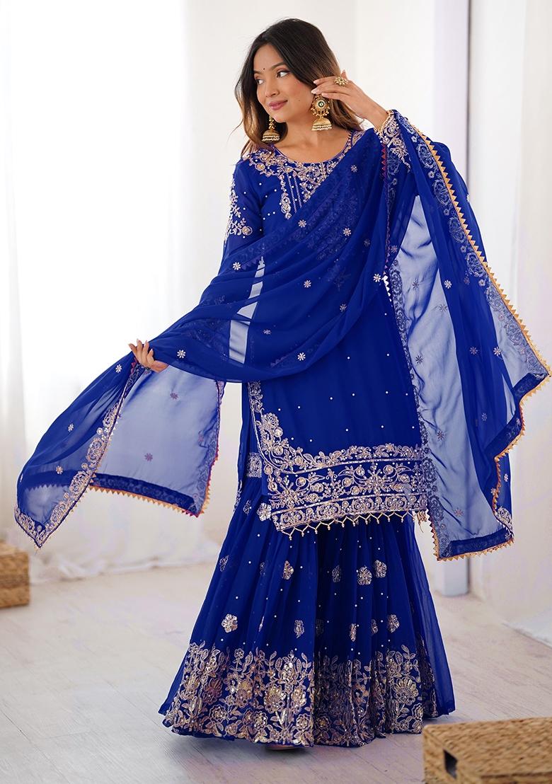 Royal Blue Embroidery Georgette Sharara Dress - Indya