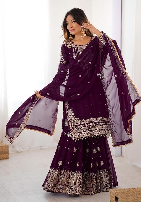 Wine Embroidery Georgette Sharara Dress