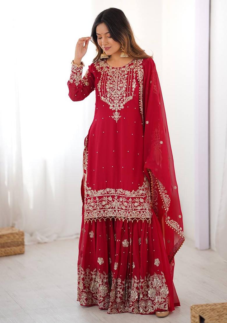 Red Embroidery Georgette Sharara Dress - Indya
