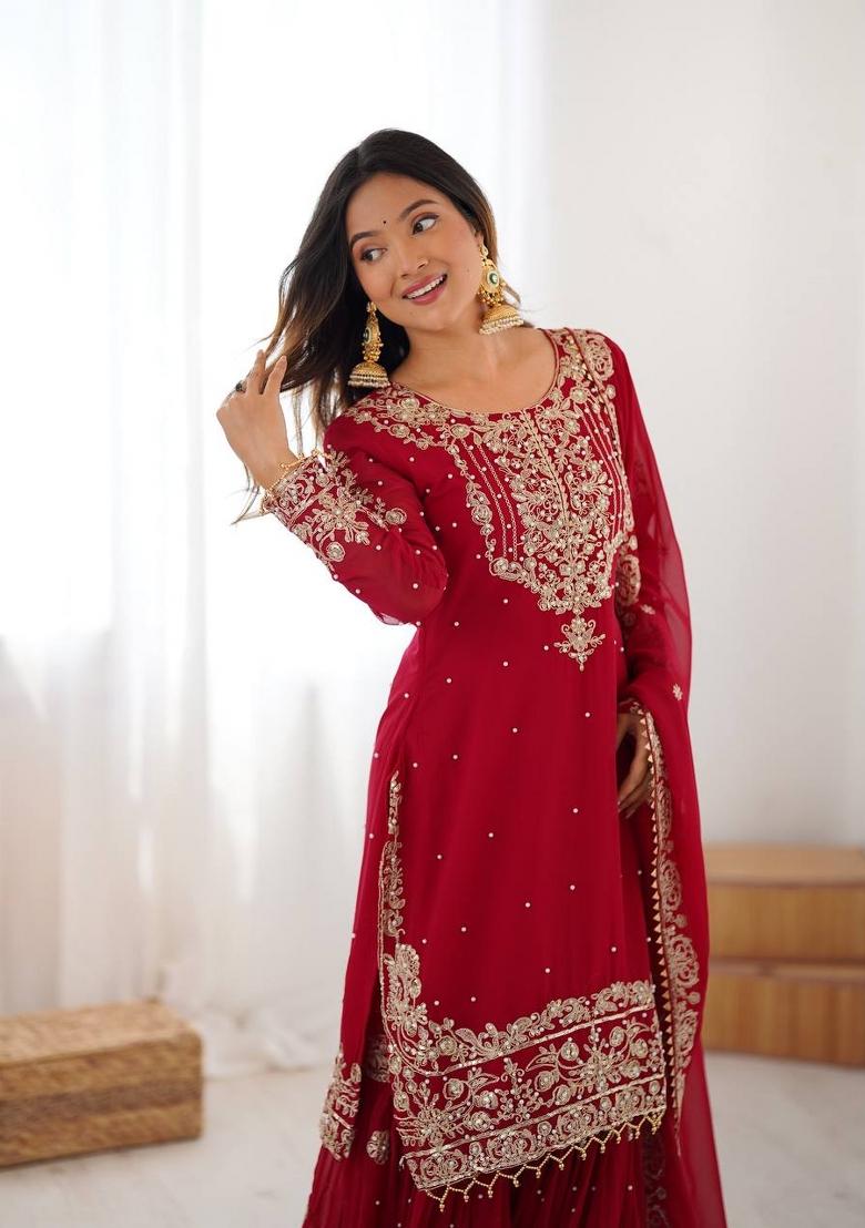 Red Embroidery Georgette Sharara Dress - Indya