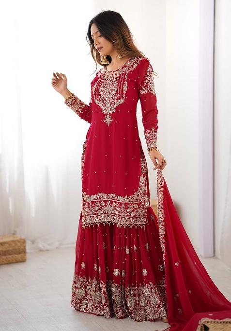 Red Embroidery Georgette Sharara Dress