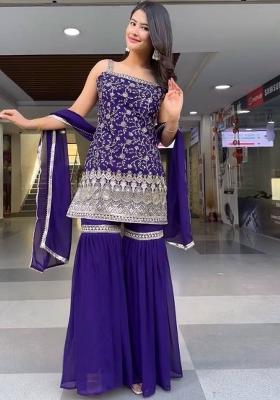 Purple Sequence Work Georgette Sharara Dress