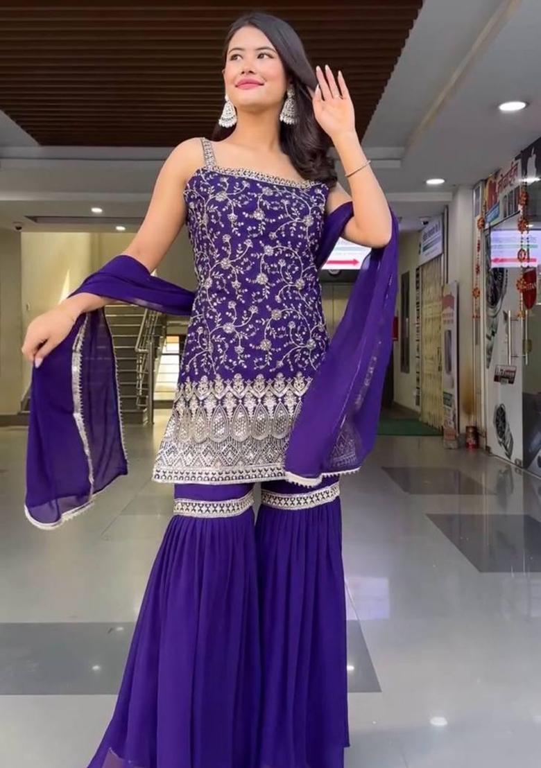 Purple Sequence Work Georgette Sharara Dress - Indya