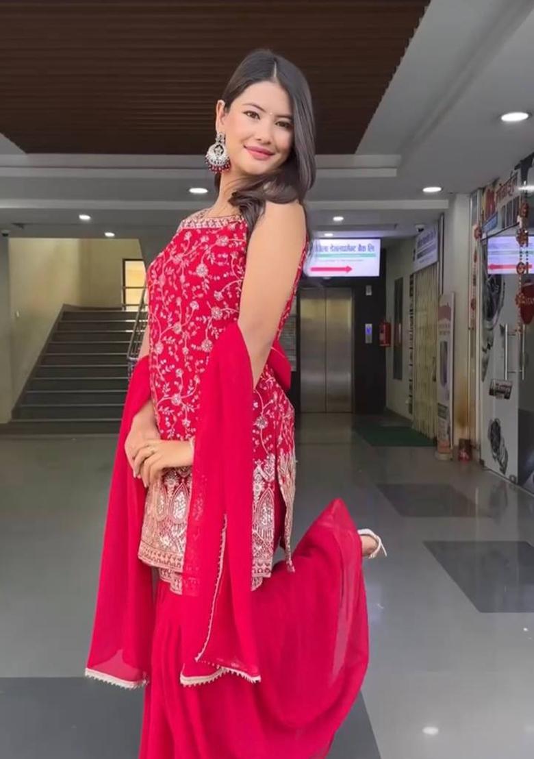 Pink Sequence Work Georgette Sharara Dress - Indya