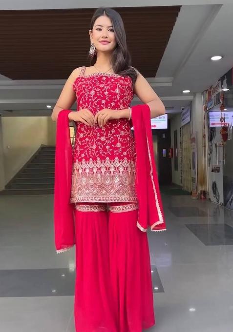 Pink Sequence Work Georgette Sharara Dress