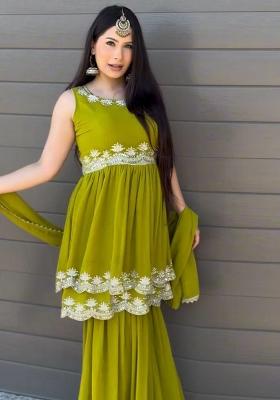 Olive Green Sequence Work Georgette Sharara Dress