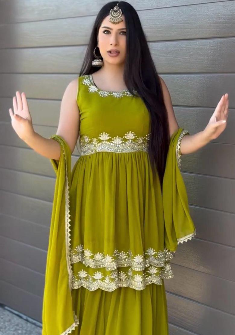 Olive Green Sequence Work Georgette Sharara Dress - Indya