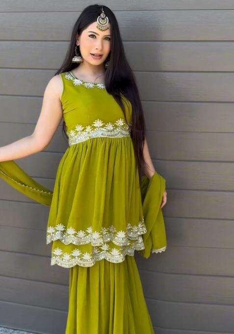 Olive Green Sequence Work Georgette Sharara Dress