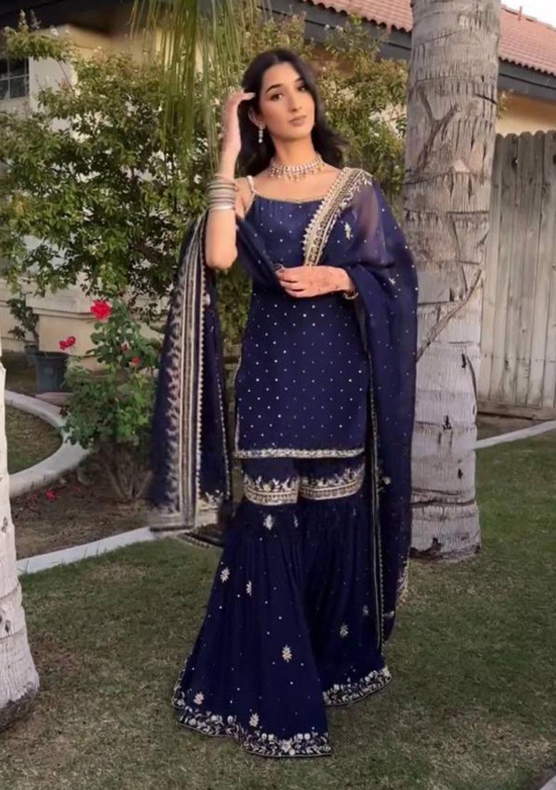 Navy Blue Sequence Work Georgette Sharara Dress - Indya