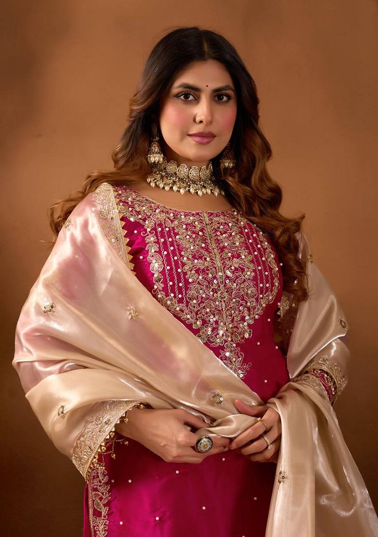 Rani Pink Embroidery Silk Salwar Suit - Indya