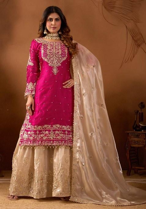 Rani Pink Embroidery Silk Salwar Suit