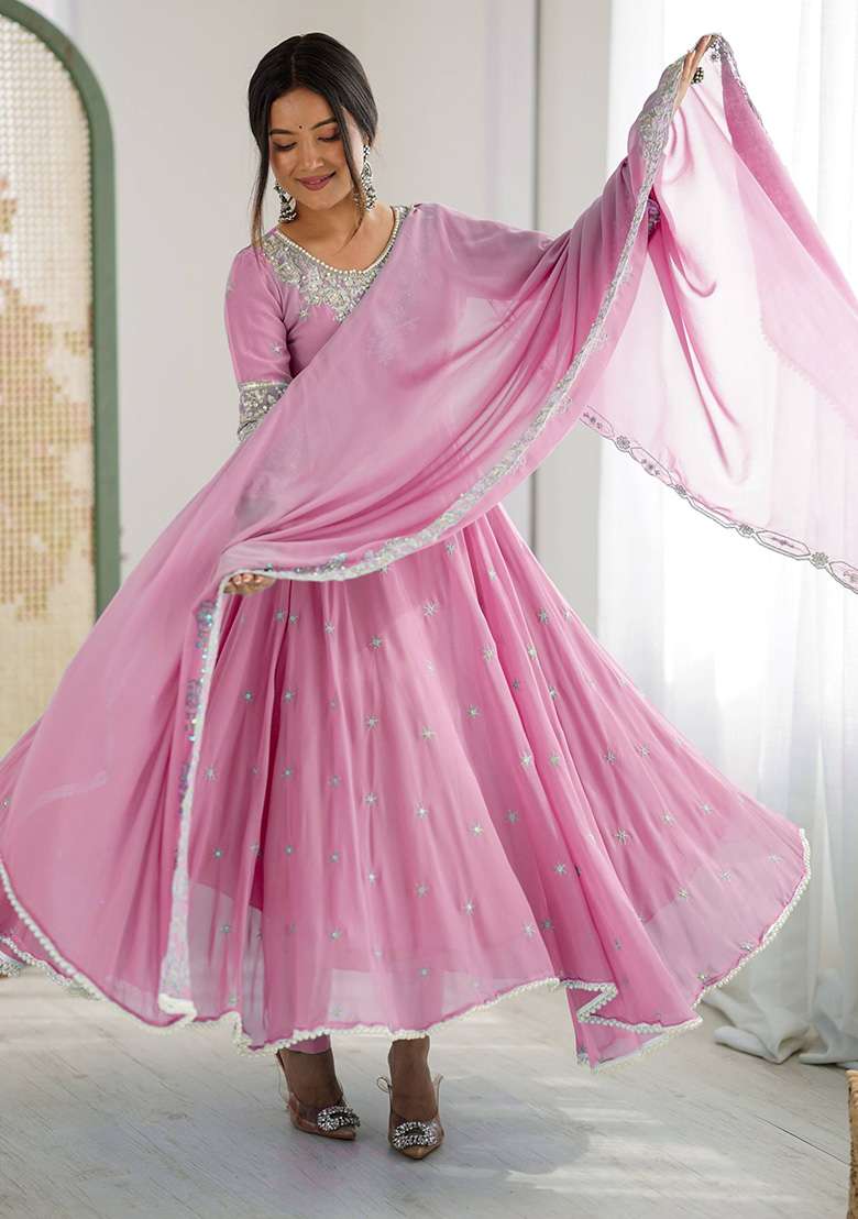Pink Embroidered Georgette Anarkali Set - Indya