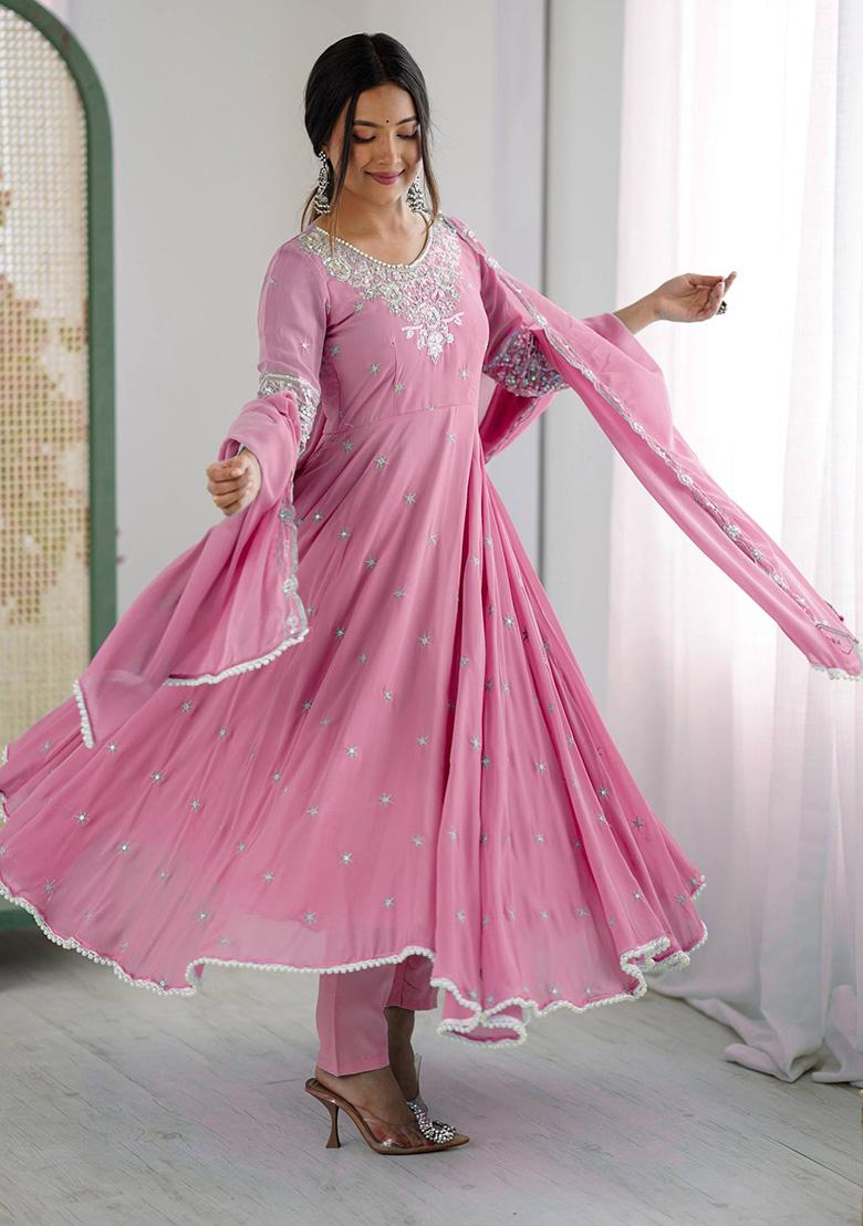 Pink Embroidery Georgette Ethnic Gown - Indya