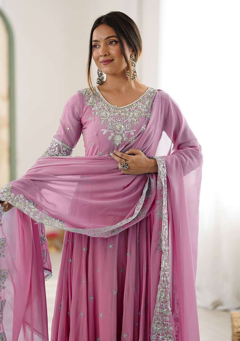Pink Embroidered Georgette Anarkali Set - Indya