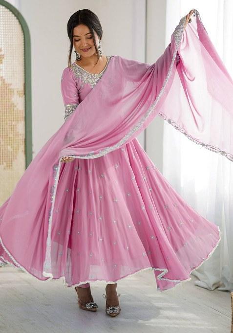 Pink Embroidery Georgette Ethnic Gown