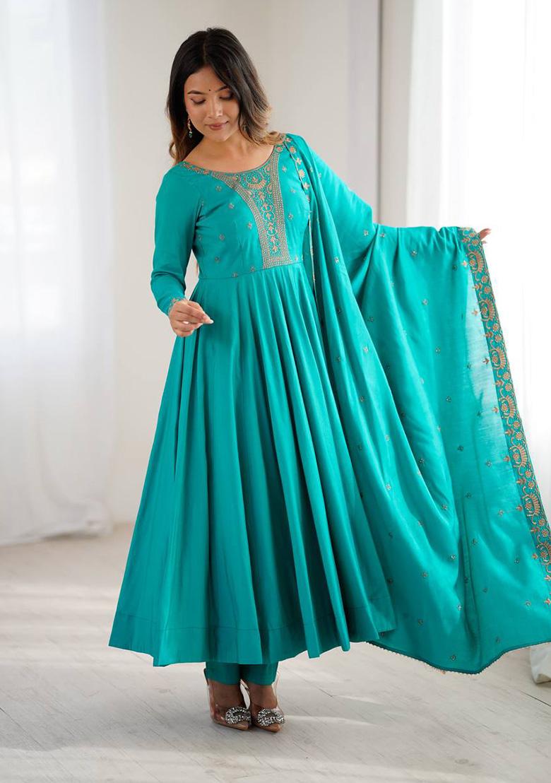 Teal Blue Embroidery Silk Ethnic Gown - Indya