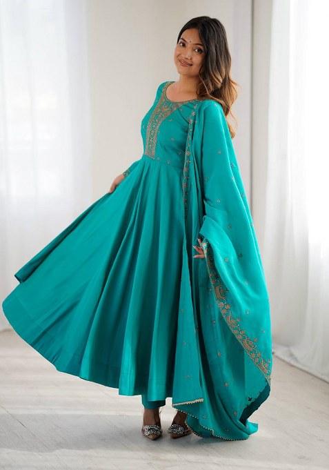 Teal Blue Embroidery Silk Ethnic Gown