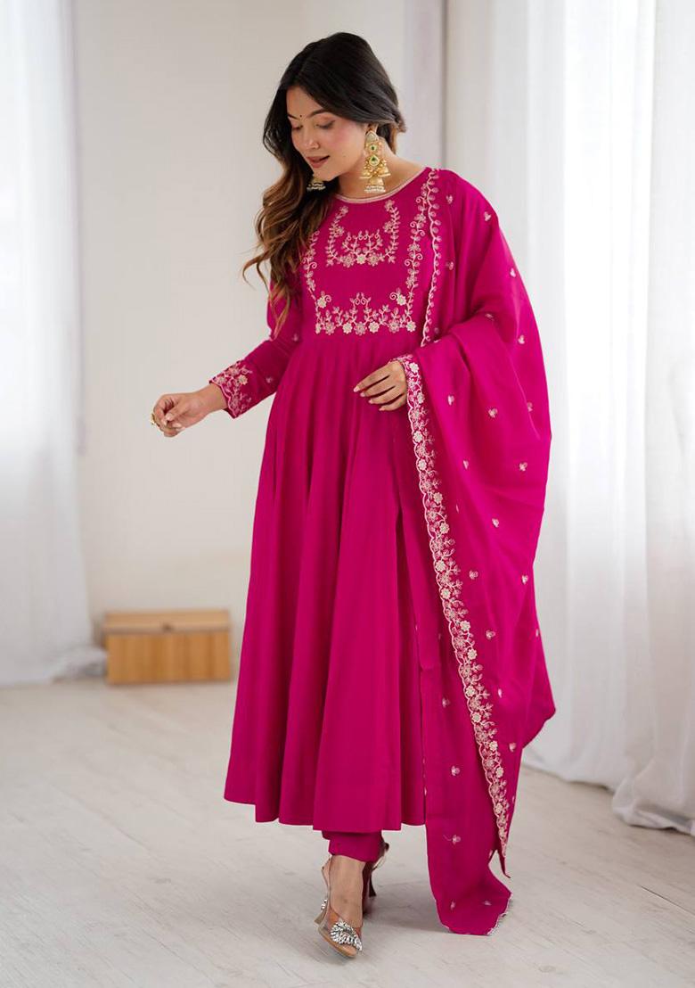 Rani Pink Embroidery Silk Ethnic Gown - Indya