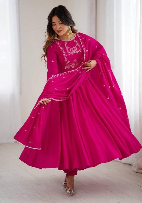 Rani Pink Embroidery Silk Ethnic Gown