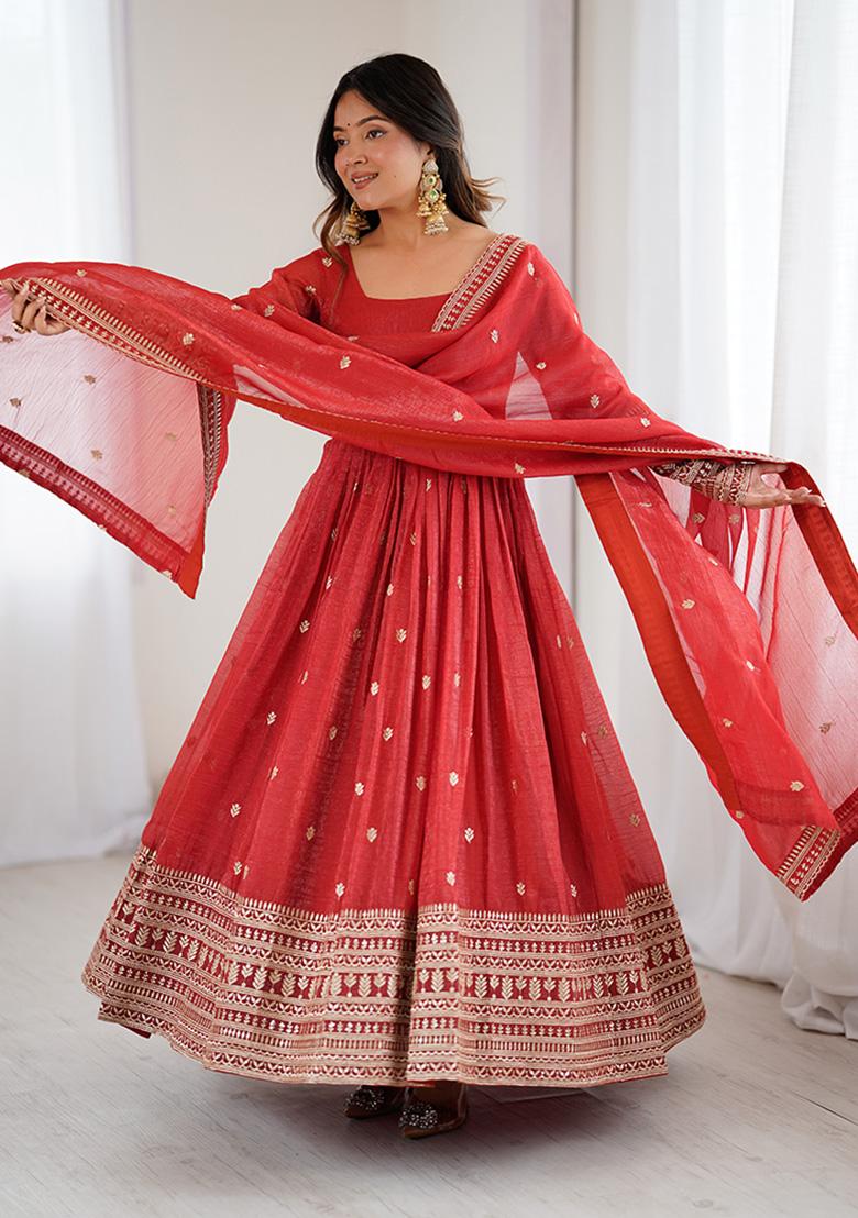 Rust Embroidery Silk Ethnic Gown - Indya