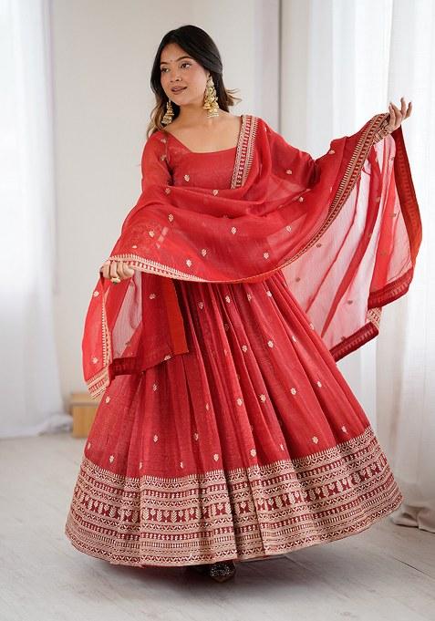 Rust Embroidery Silk Ethnic Gown