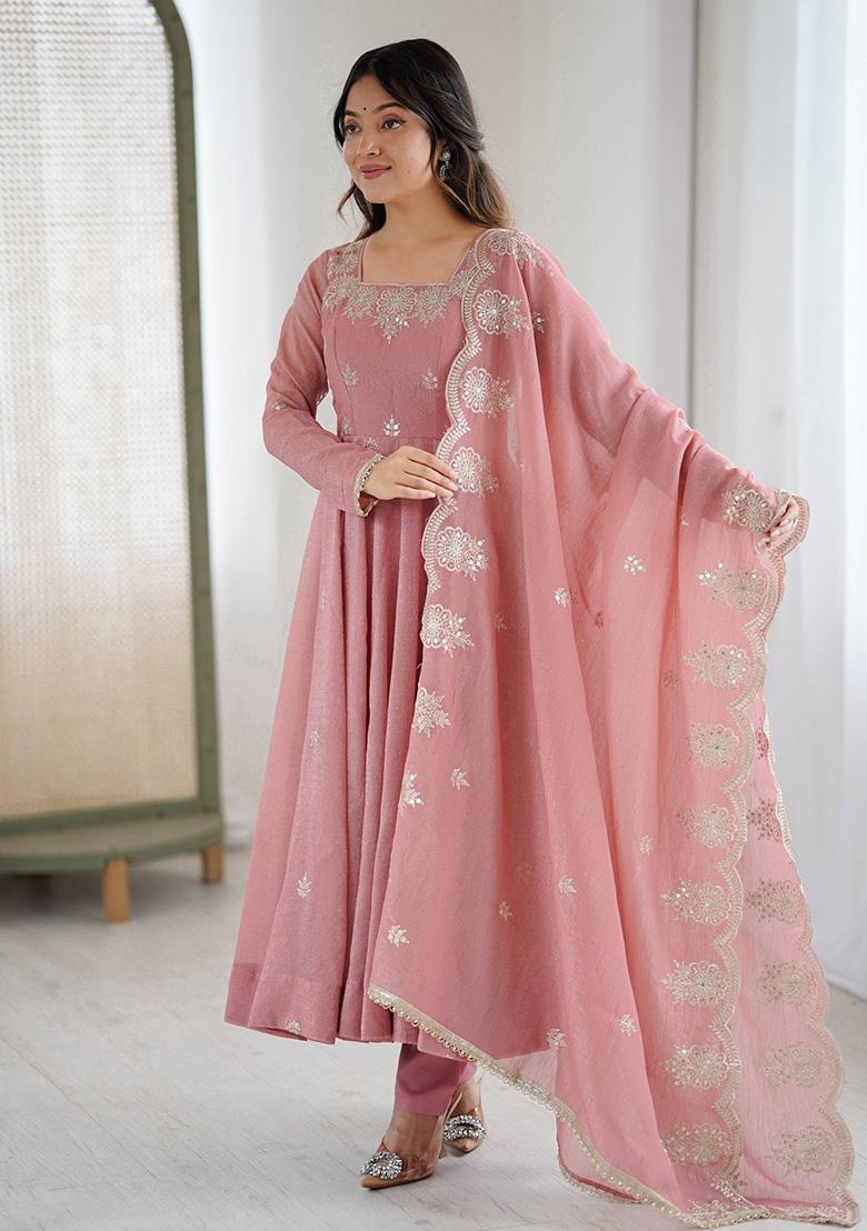 Light Pink Embroidery Silk Ethnic Gown - Indya