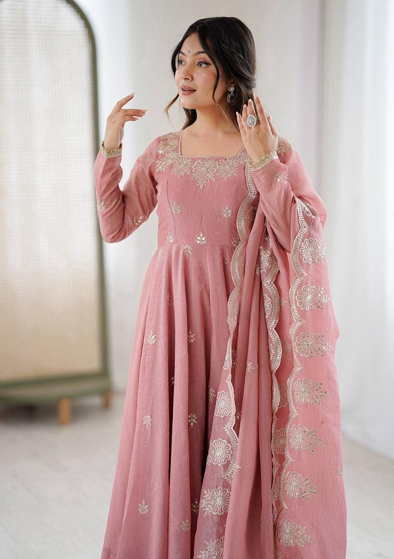 Light Pink Embroidery Silk Ethnic Gown - Indya