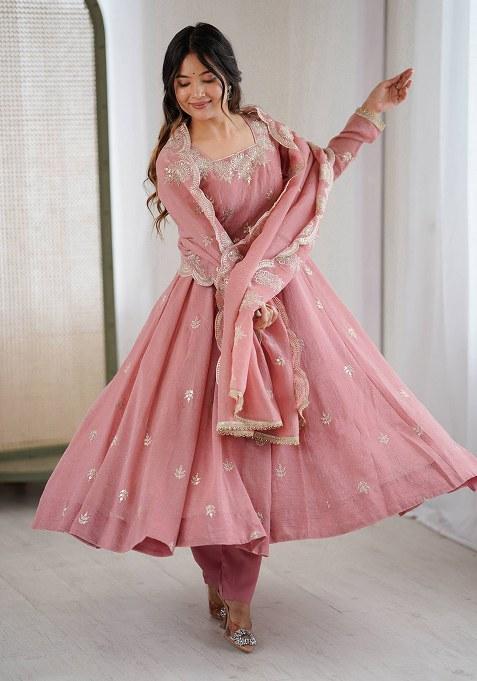 Light Pink Embroidery Silk Ethnic Gown