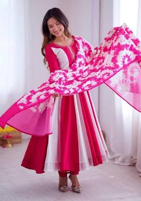 Rani Pink And White Embroidery Silk Ethnic Gown