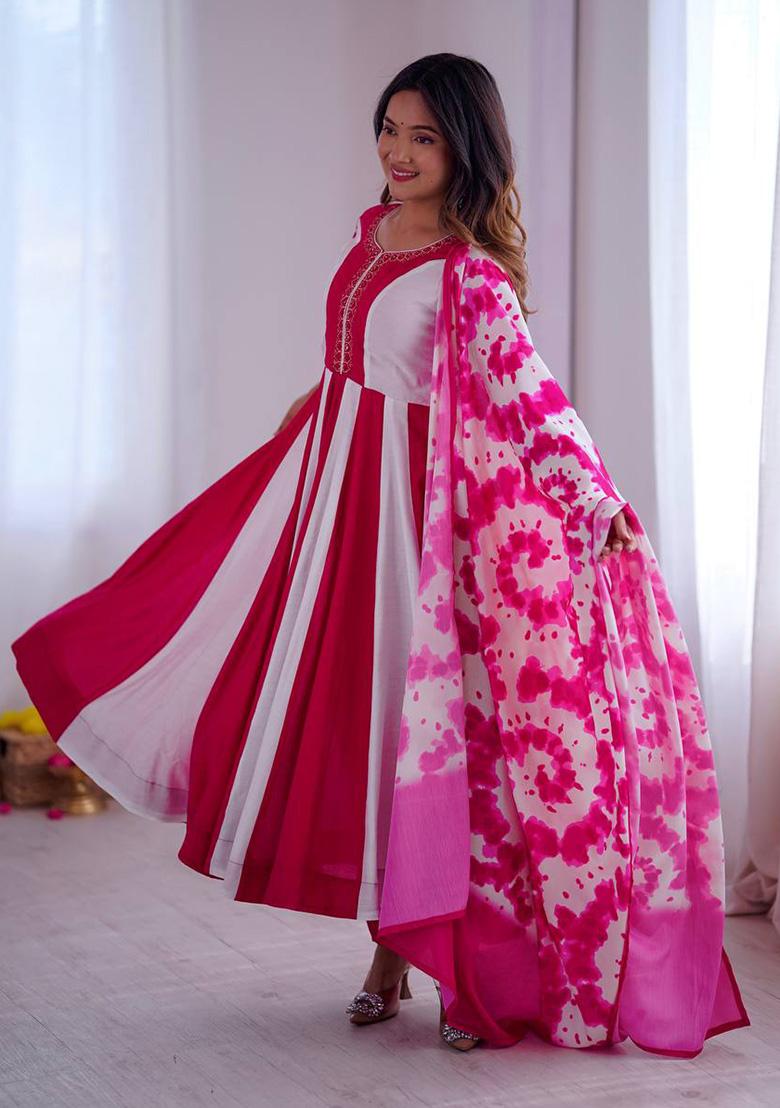 Rani Pink And White Embroidery Silk Ethnic Gown - Indya