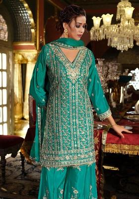 Green Embroidery Chinon Kurta Set