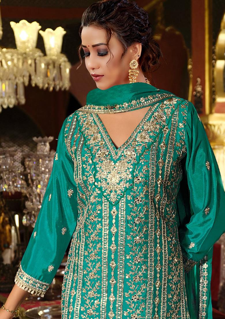 Green Embroidery Chinon Kurta Set - Indya