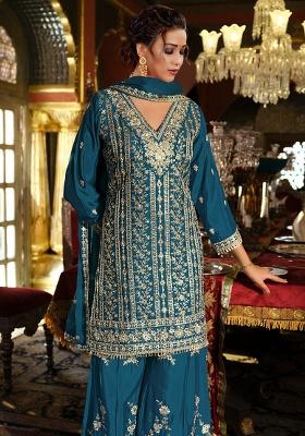Blue Embroidery Chinon Kurta Set