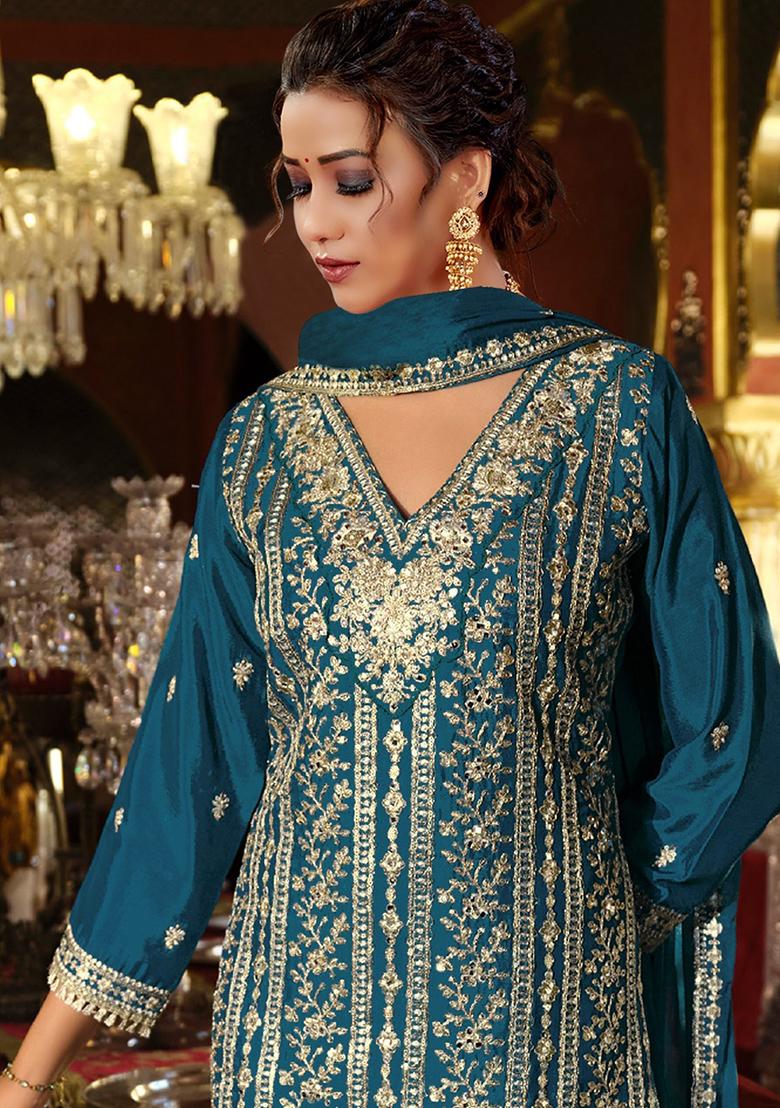 Blue Embroidery Chinon Kurta Set - Indya
