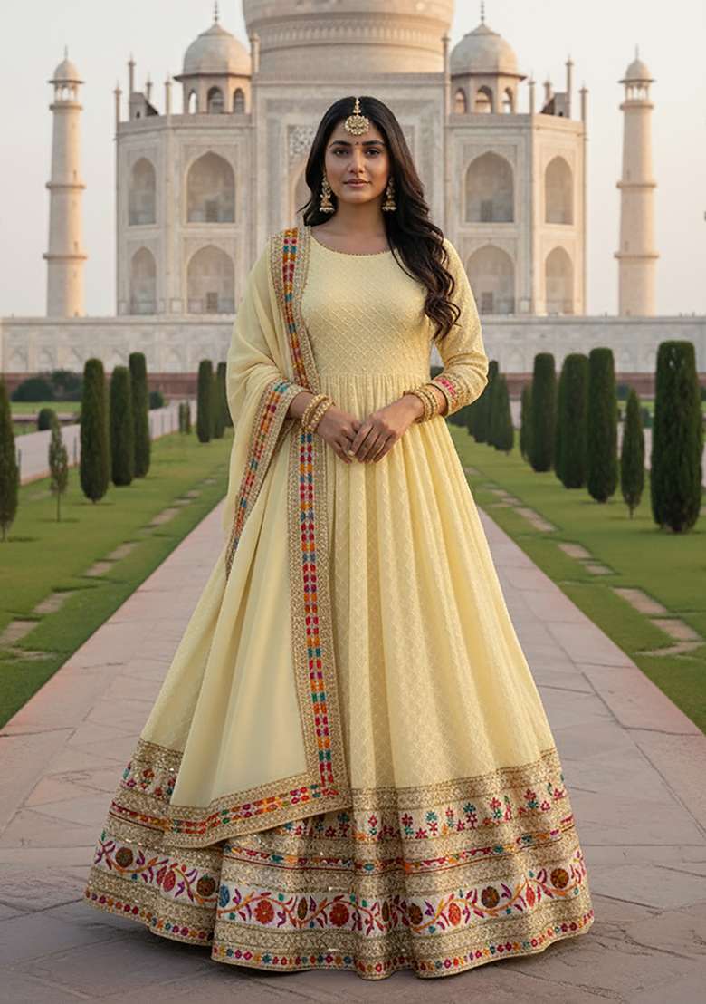 Light Yellow Embroidery Georgette Anarkali Set - Indya